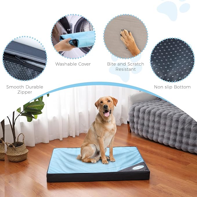 Orthopedic Outdoor Waterproof Dog Beds for Extra Large Dogs, Washable Crate Bed with Egg Crate Foam Pet Bed Mat and Removable Oxford Fabric Cooling Cover,45"x 32", Blue