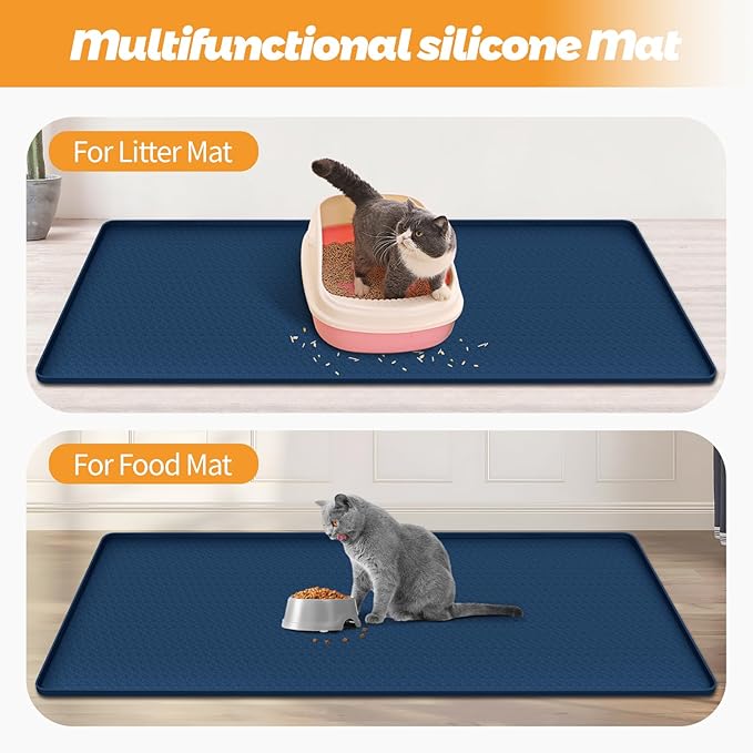 Cat Litter Mat, Extra Large 51" x 25.6" Silicone Mat Litter Trapping Mat for Scatter Control, Soft on Kitty Paws, Easy to Clean (Navy Blue)