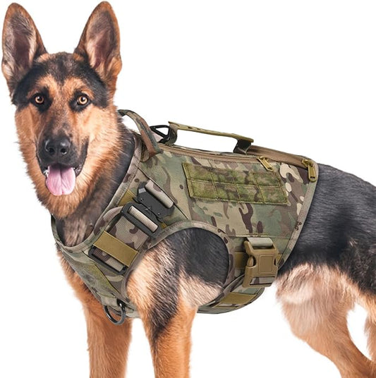 Tactical Dog Backpack Harness for Large Breed Original Design Metal Buckle Vest with Side Bags Pouches for Service Working Training (Camouflage (Vest only), XL)