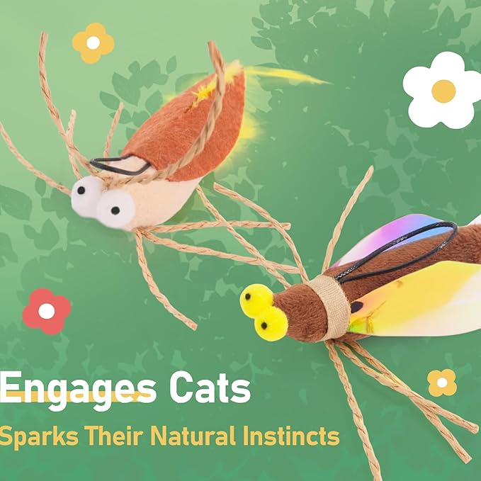 SONGWAY Cat Bug Toy Wand - Insect Interactive Cat Toys with Retractable Teaser Wand and 4 Pcs Bug Toy Feather Replacements for Cats Kittens