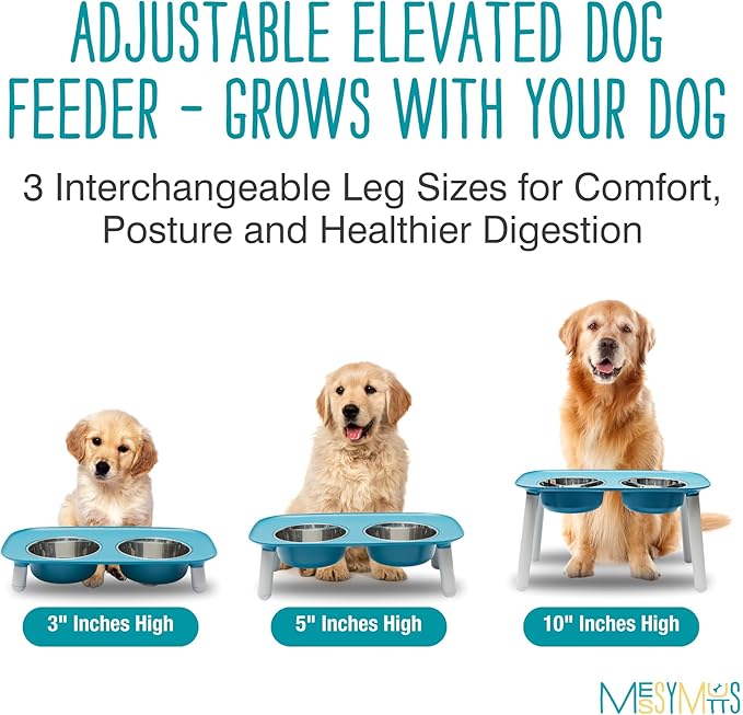 Messy Mutts Elevated Double Feeder with Stainless Bowls | Adjustable Height 3”, 5”, or 10” | Adjustable Standing Feeder for Dogs | 5 Cups per Bowl | Blue