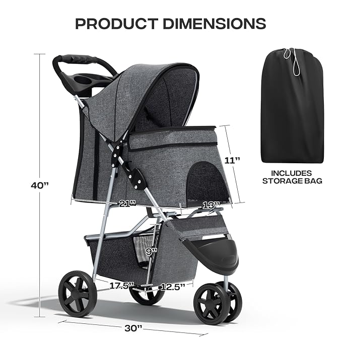 Cat Dog Stroller,3-Wheels Pet Stroller for Medium/Puppy Dogs 30 Lbs, Cat Strollers for 1 Cats, Foldable Dog Stroller with Storage Basket and Cup Holder, Breathable Mesh Grey