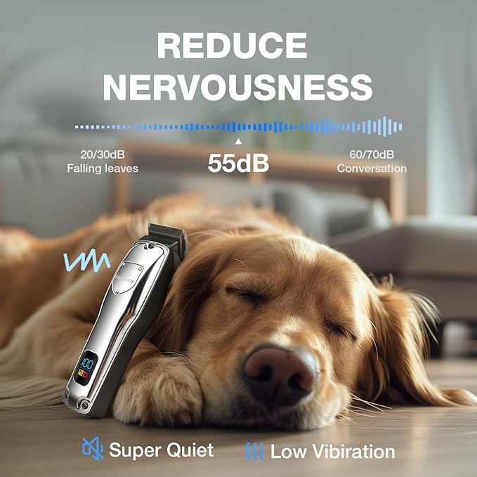 Dog Clippers for Grooming for Thick Heavy Coats, Professional Low Noise Dog Grooming Clippers Supplies Kit Rechargeable Stainless Steel Hair Trimmer with Ceramic Blade for Dogs Cats Pet