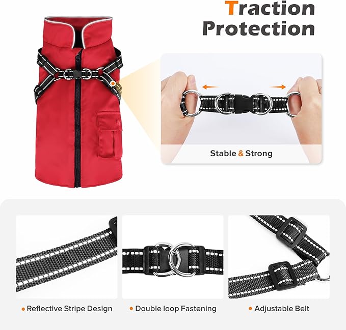 Dog Winter Coat with Harness Built-in | Waterproof Dog Jacket with Zipper & Fleece Lining | Reflective Cold Weather Coat for Small Medium Large Dogs