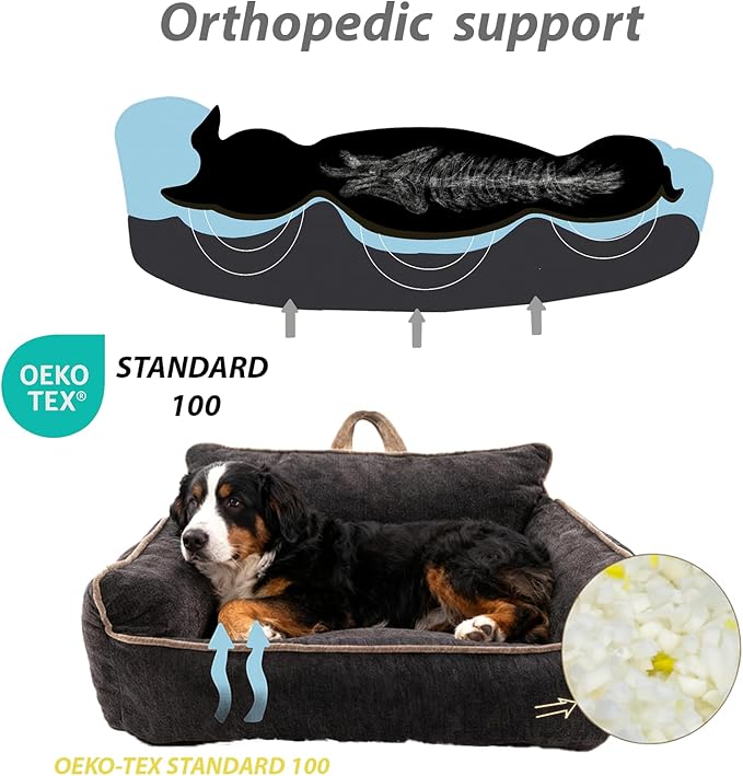 Small Orthopedic Dog Sofa Bed with Sides, Carry Handle & Side Pockets .Plush Chenille Orthopedic Pet Bed Couch for Small Breed Dogs & Cats .Portable Snuggler for Indoor Use, Travel & Recovery