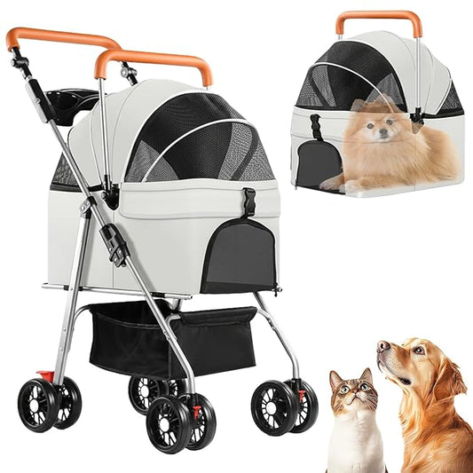3 in 1 Dog Strollers 4 Wheels Folding Pet Stroller with Detachable Carrier Multifunction Portable Dogs Travel Carriers for Medium Small Puppy Kittens(White Gray)