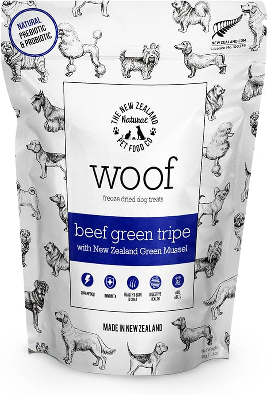 The New Zealand Natural Pet Food Co WOOF Freeze Dried Dog Treats - Beef Green Tripe, High Protein, Treats Small & for Large Dogs, Natural, Topper or Dog Treat, 1.4 oz