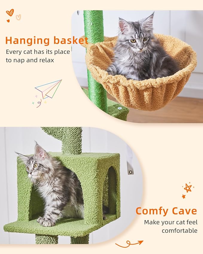 Taoqimiao Cat Tree,49-Inch Cat Tower for Indoor Cats,2 Luxurious cat condo with Adjustable Large Hanging Baskets and Large Luxurious Perch Smoky Gray MS029LT Cactus