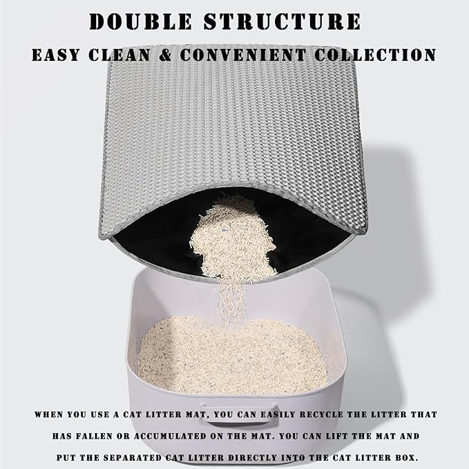 HCY&WLD Cat Litter Mat, 45x26/35x24/30x22/24x18 Inch Double Layer Cat Litter Box Mat, EVA Non-Slip, Waterproof Urine Proof Cat Litter Catcher Mat, Easy Clean Scatter Control (35x24 Inch, Gray)