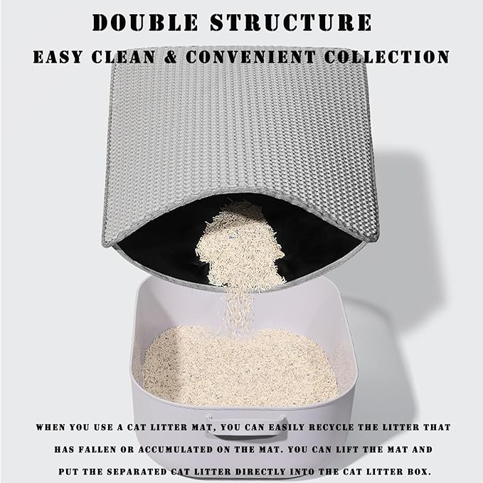 HCY&WLD Cat Litter Mat, 45x26/35x24/30x22/24x18 Inch Double Layer Cat Litter Box Mat, EVA Non-Slip, Waterproof Urine Proof Cat Litter Catcher Mat, Easy Clean Scatter Control (24x18 Inch, Black)