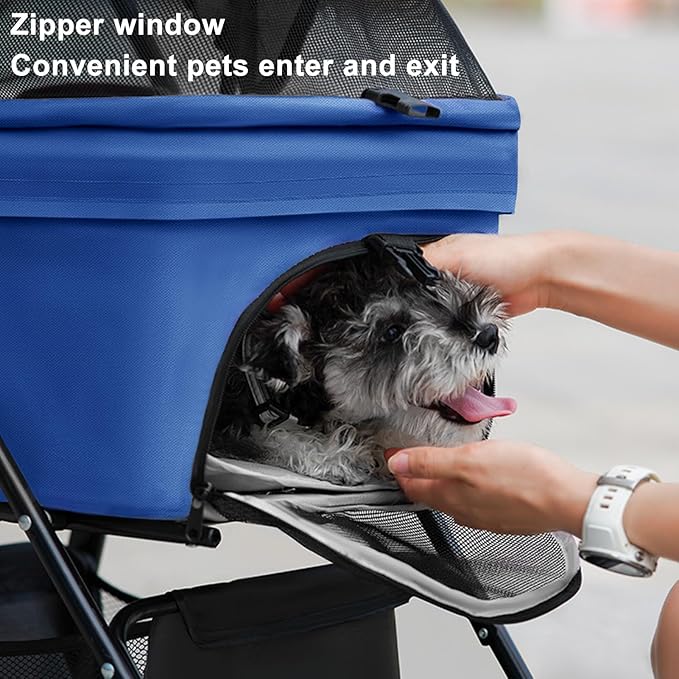 Pet Stroller-Folding 4 Wheels Cat/Dog Stroller for Medium Small Pets with Storage Basket and Cup Holder Suitable for Going Out and Traveling (Blue)