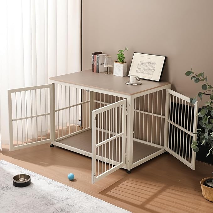 48" Rustic Heavy Duty Dog Crate Furniture for Extra Large Dogs, Decorative Pet House End Table, Wooden Cage Kennel Furniture Indoor, Double-Doors Sturdy Dog Cage