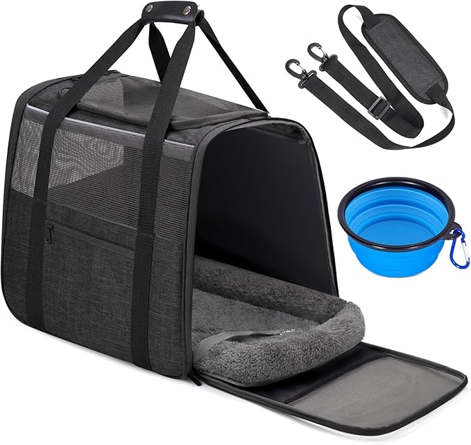 JUNGYOUN Premium Cat Carrier - Pet Carrier for Cat & Small Dogs up to 15lbs - Airline Approved Travel Dog Carrier with Anti-Escape Zippers, Collapsible Travel Bowl & Padded Strap,Dark Grey