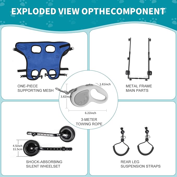 Dog Wheelchair for Back Legs with Pet Traction Rope, X-Small Wheelchair for Dogs with Disabled Hind Legs Walking Adjustable Dog Carts with Heavy Duty Wheels