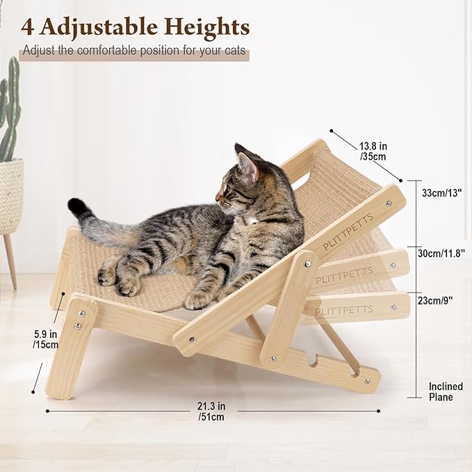 Sisal Cat Scratcher Bed with Adjustable 4-Position for Cats Scratcher Lounge, 2 in 1 Cat Sisal Chair for Indoor Cats Hammock for Scratching Pad, Natural Lounger Chair