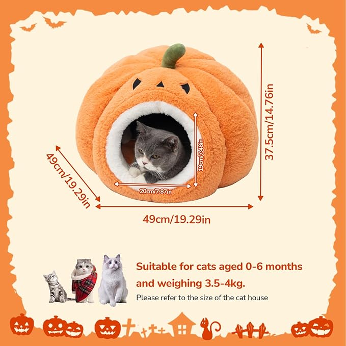 CATISM Halloween Cat Bed - Cat Bed for Indoor Cats, Cute Pumpkin Cat Beds with Warm Cushions Removable Cave with Non-Slip Bottom