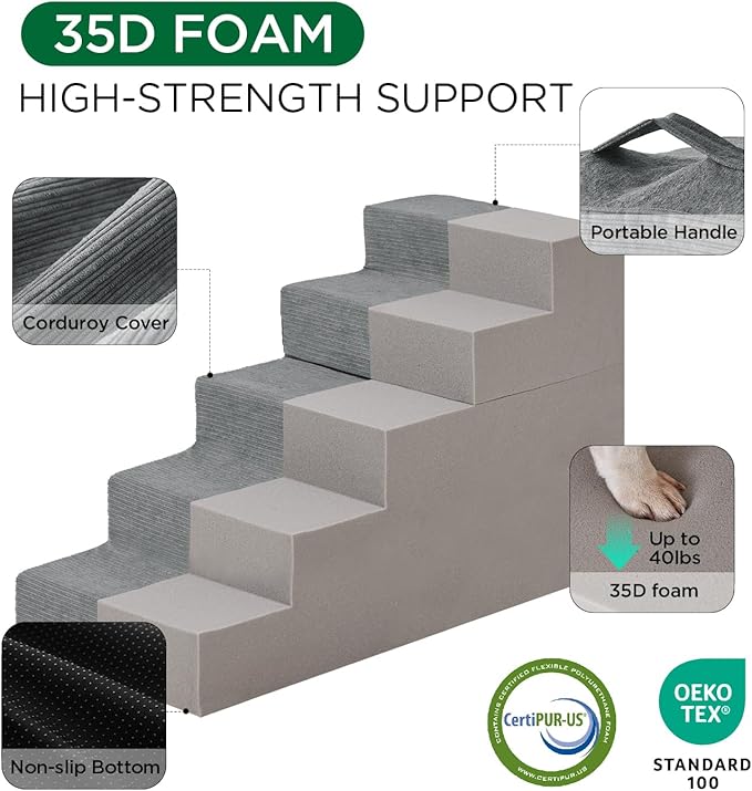 Made4Pets Dog Stairs for Small Dogs, Extra Wide Dog Steps for Bed Couch Sofa and Chair, 35D Foam Pet Steps for Small Dogs and Cats(Up to 40lbs), Non-Slip Bottom Pet Stairs, Grey, 3 Steps