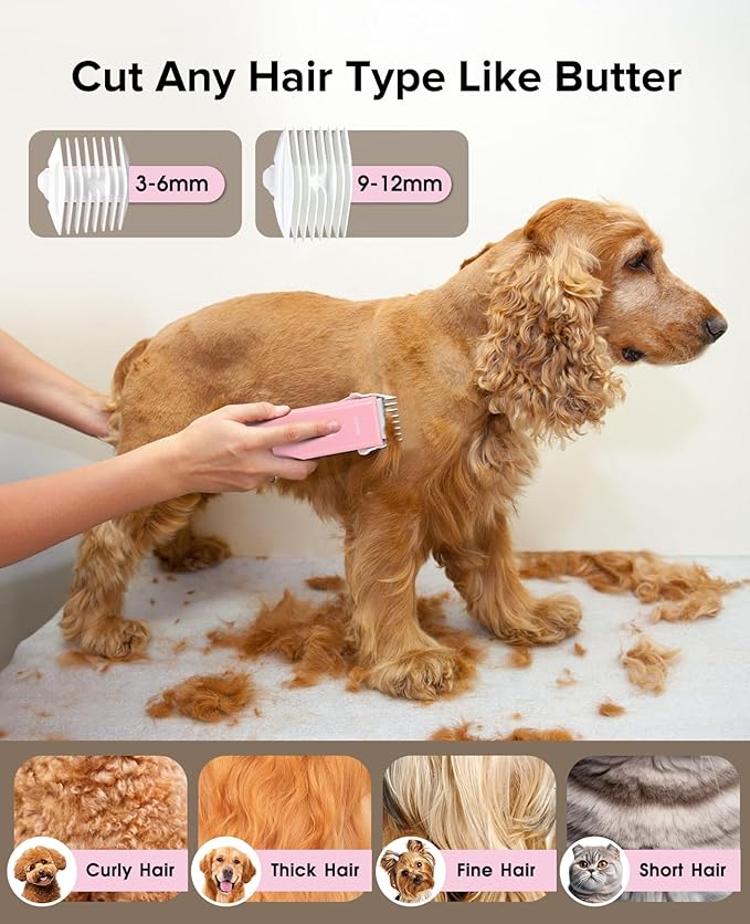 Upgrade Home Professional Dog Grooming Kit Clipper for Matted & Long Hair, Cordless Pet Shaver Low Noise USB Rechargeable for Cats, Small&Medium Dogs, Handy Pet Hair Grooming Trimmer, Pink