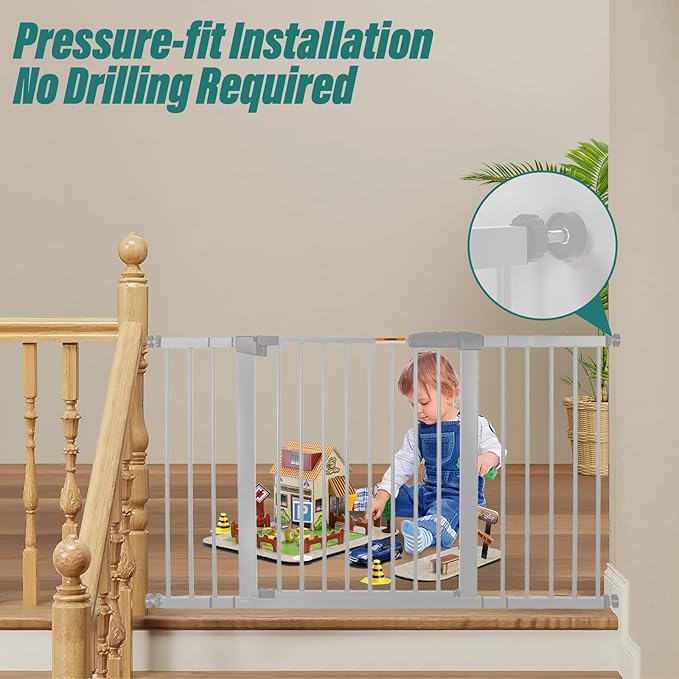 29-54" Dog Gates for Doorways No Drilling, Pet Gate Indoor, 30" Tall Metal Walk-Thru Gate, Easy One-Hand Open, Extensions & Wall Mounts Included (White, 54" W x 30.5“H)