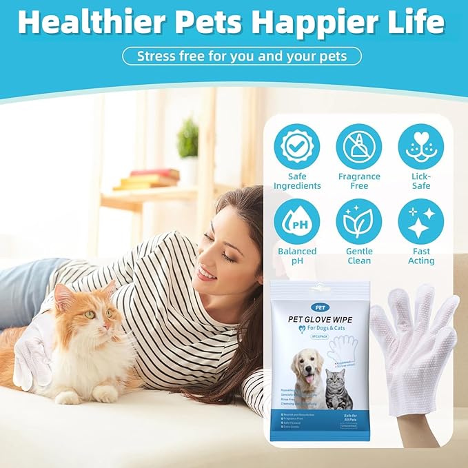 Extra Thick Pet Bathing Wipes for Dogs Cats,Cleaning Deodorizing Grooming Gloves,Nourish Fur Glove Wipes for Daily Care and Traveling,Rinse Free,Unscented,3 Pack,18 PCS