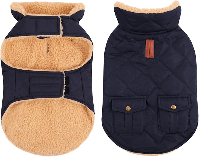 Queenmore Warm Dog Coat, Cold Weather Puffer Dog Jacket with Ultra Thick Plush Lining, Storage Pockets (Dark Navy, Medium)