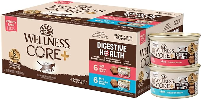 Wellness CORE+ Digestive Health Pate Adult Wet Cat Food, Natural, Protein-Rich, Grain Free, 3 Ounce, 12 Pack (Salmon & Whitefish Variety Pack)