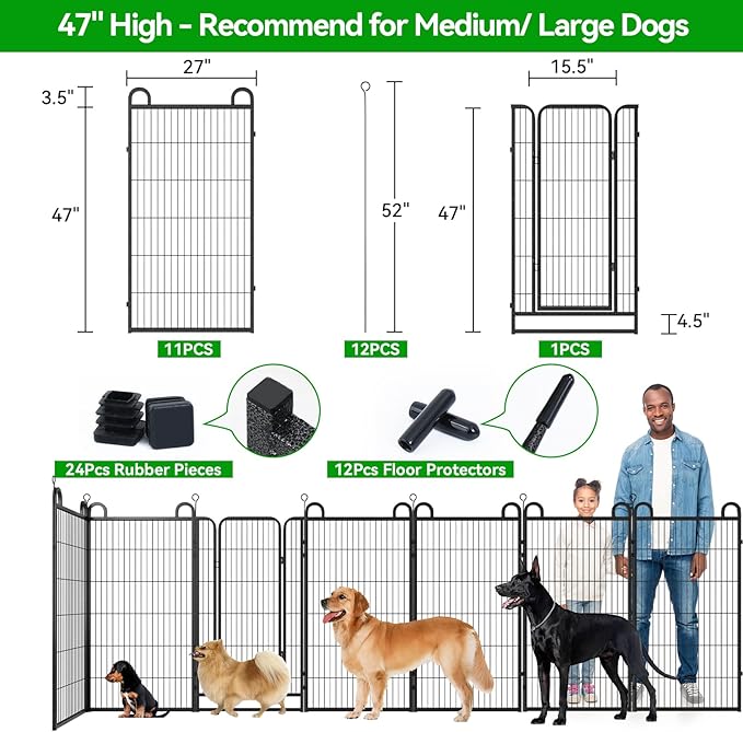 Dog Playpen Outdoor 12 Piece Panels Heavy Duty Dog Fence 47" Height Anti-Rust with Doors Portable for RV Camping Yard, Total 27FT, 58 Sq.ft, Snowy Black