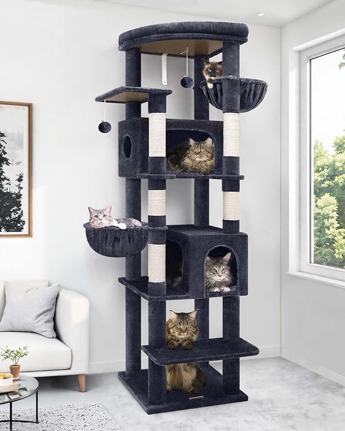 Globlazer Heavy Duty Cat Tree, 74in Sturdy Cat Tower for Large Cats Adult, Big Cat Tree with 5 Sisal Scratching Posts, 2 Padded Condos, 2 Dual-Ear Hanging Baskets, Enlarged Top Perch, S74, Dark Grey