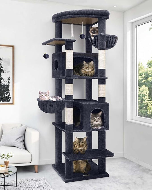 Globlazer Heavy Duty Cat Tree, 74in Sturdy Cat Tower for Large Cats Adult, Big Cat Tree with 5 Sisal Scratching Posts, 2 Padded Condos, 2 Dual-Ear Hanging Baskets, Enlarged Top Perch, S74, Dark Grey
