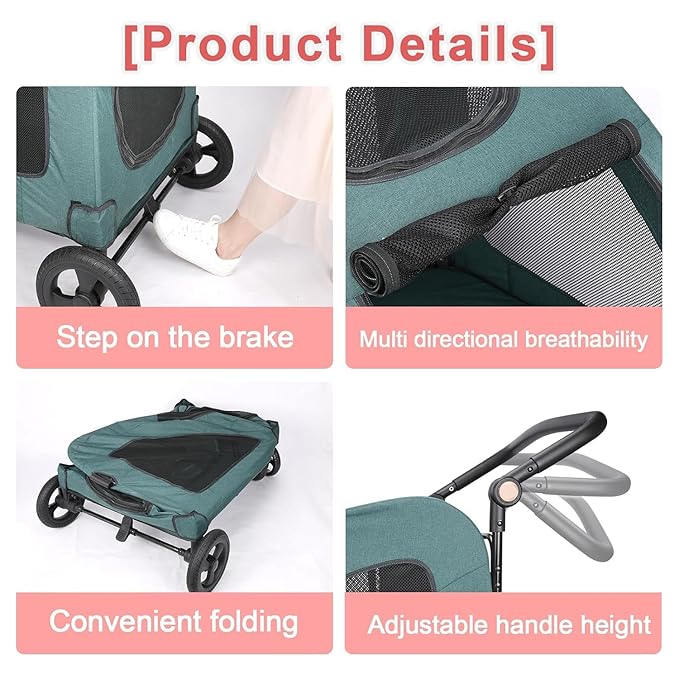 Dog Stroller with 4 Wheels, Folding Cat Strolling for 2 Small/Medium/Large Dogs & Cats to 120 lbs, All-Terrain Breathable Mesh Lightweight Travel Carrier for Jogger Outdoor Use (Dark Green)