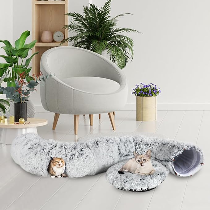 Plush Cat Tunnel Bed for Indoor Cats, Collapsible Cat Donut Tunnel with Central Mat, Fluffy Cats Cave Tube with Hanging Ball for Kitten Rabbit Puppy Ferret