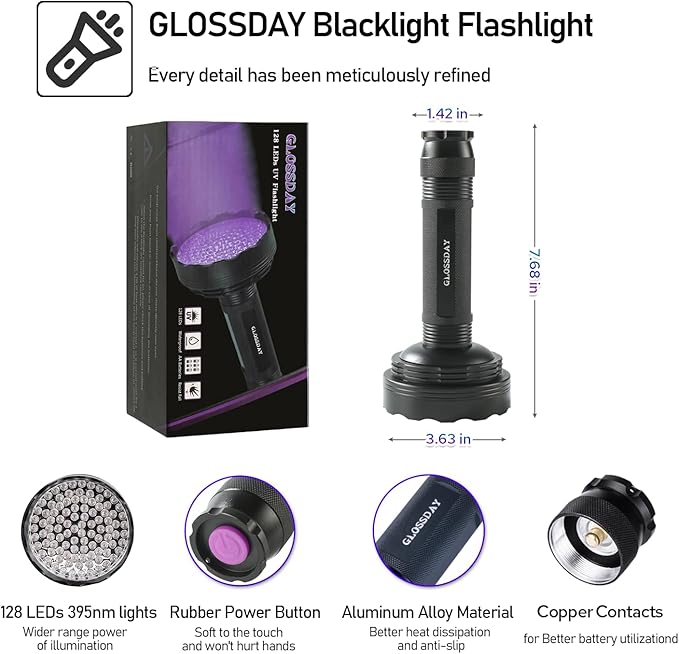 Blacklight Flashlight,128 LED UV Flashlights, Upgraded Bright Ultraviolet Flashlight Professional Black Light for Dog/Cat, Hunting Scorpions