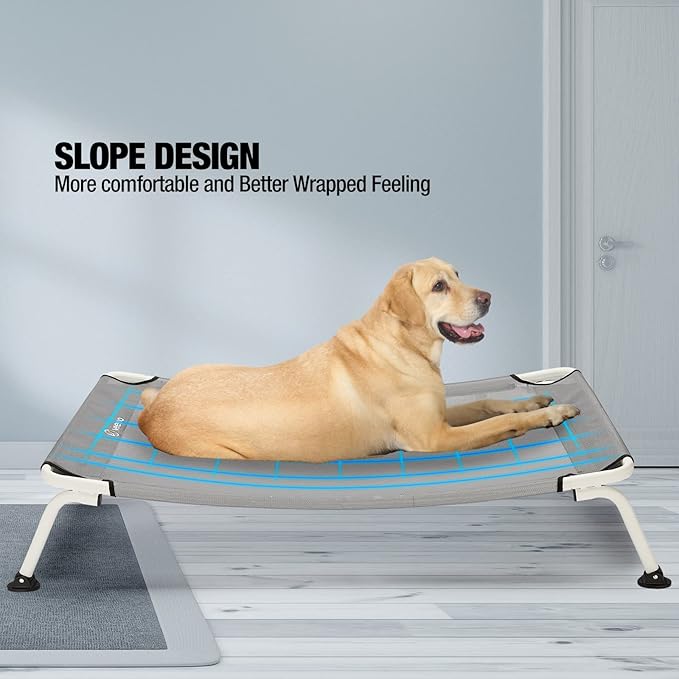 Veehoo Elevated Dog Bed for Outdoor, Cooling Waterproof Raised Dog Cots Beds XL, Curved Off Ground Pet Hammock Cot Lifted for Outside, up to 150lbs, White Legs, Grey 49"