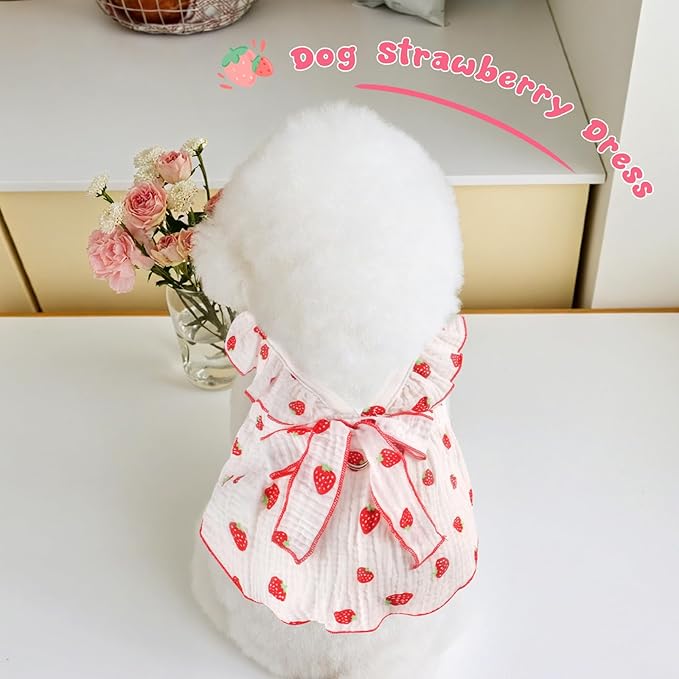 2 Pack Dog Dress Clothes for Small Dogs Girl with Leash Ring & Bow cat Dog Outfit Strawberry Printed Pet Cat Apparel Sweet Ruffled Chihuahua Yorkie Puppy Clothes
