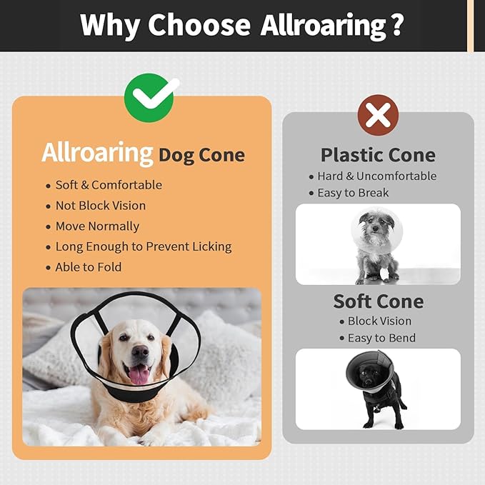 Allroaring Dog Cone Collar, Soft Dog Cones for Medium Dogs After Surgery, Adjustable Pet Cone for Dogs to Stop Licking, Breathable Doggie Elizabethan Collar for Wound Care Spay Neuter, Black M