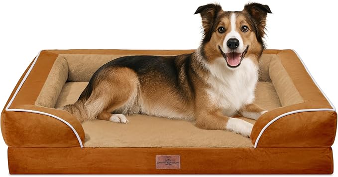 Comfort Expression Orthopedic Dog Bed for Large Dogs 38x25 Inch, Waterproof Supportive Egg Crate Foam Large Pet Bed with Removable Bolsters, Dog Couch with Washable Cover & Non-Slip Bottom, Orange