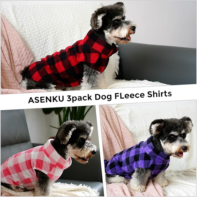 ASENKU Dog Sweater 3 Pack - Plaid Fleece Vest, Soft Comfortable Pet Pajamas, Warm Winter Shirt, Cold Weather Coat Jacket for Small & Medium Breeds