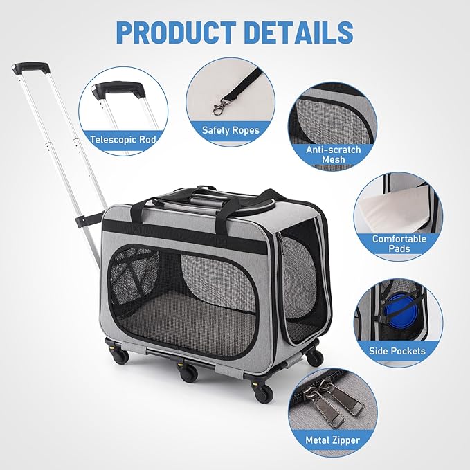 Extra Large Pet Carrier with Wheels for Small Dogs and All-Breed Cats, Cat Rolling Carrier for up to 4 Cats, Support up to 40 Lbs, Grey