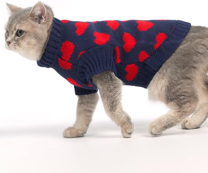 KOOLTAIL Cat Sweater Turtleneck- Soft Knit Cat Sweaters for Cats Only, Cat Christmas Sweater Red Heart Love Pattern Thick Warm Cold Weather Clothes for Small Medium Large Size Kitten Puppy Navy M