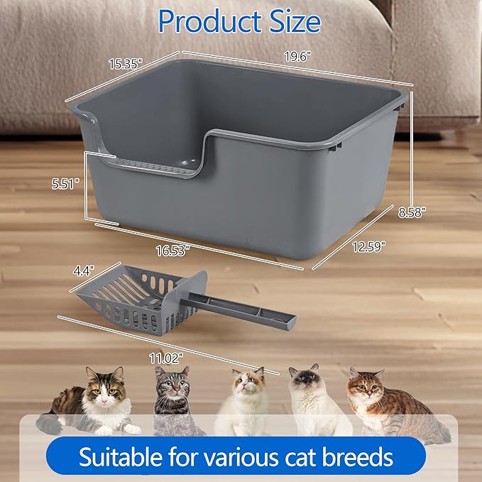 4 Packs Plastic High Wall Cat Litter Box with Scoop, Open Top Cat Litter Basin, Gray