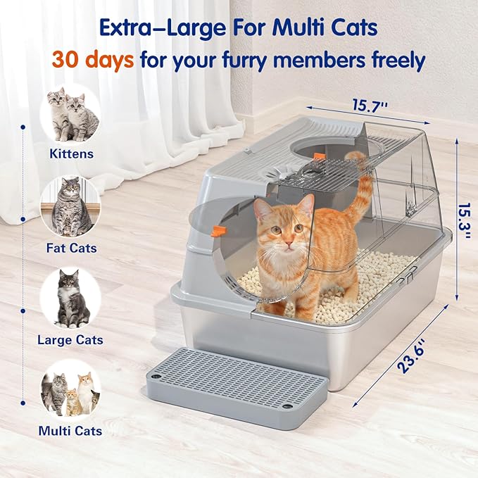 Front & Top Entry Stainless Steel Litter Box with Lid,Cat Litter Box Enclosure,Extra Large Enclosed,Non-Sticky Metal Pan,Anti-Leakage,Odor Control,Easy Clean,Covered for Indoor Cats,Includes Scoop Set