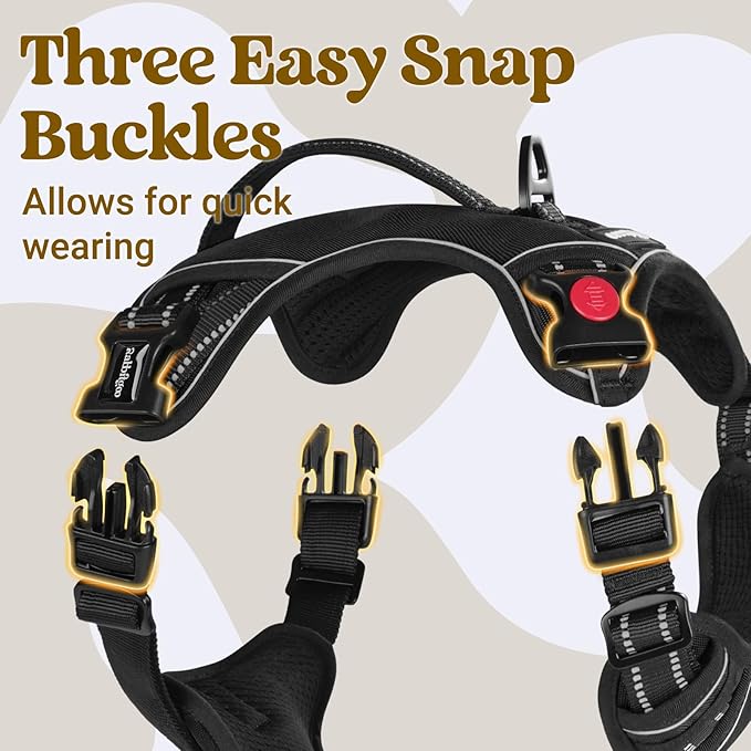 rabbitgoo Dog Harness for Large Dogs, No Pull Pet Harness with Soft Padded Handle, Adjustable Reflective Vest with 3 Buckles, Easy Walking Harness with 2 Leash Clips, Black, XL