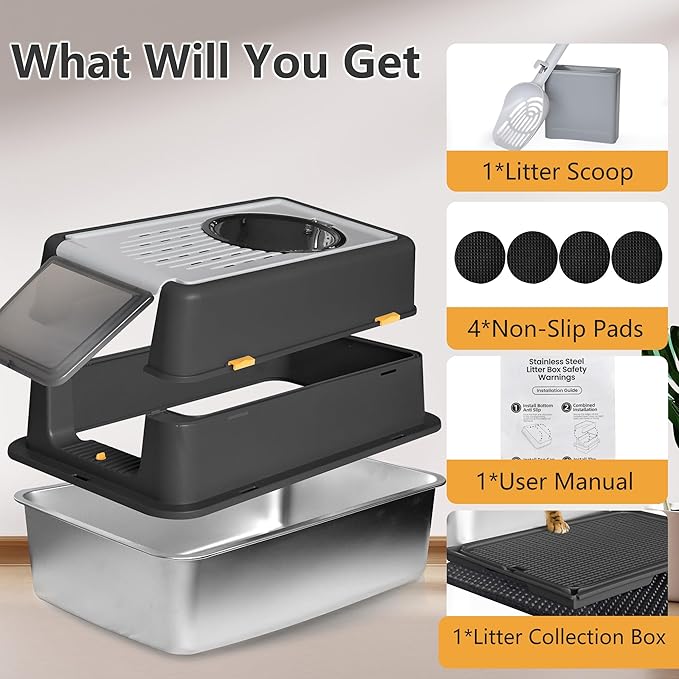 Stainless Steel Litter Box with Lid, XL Extra Large Metal Cat Litter Boxes for Big Cats Enclosed, Easy to Scoop with Litter Scoop Set, High Sides Enclosure Anti-Urine Leakage Non-Sticky, Black
