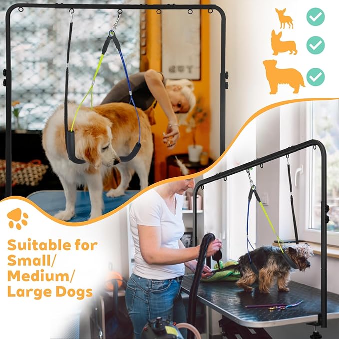 Adjustable Dog Grooming Arm for Table, 30" to 42" Height & 44" to 58" Width, Clamp Fits Up to 2.6", with 2 No-Sit Nooses, Heavy Duty Pet Grooming Restraint for Nail Trimming, Drying & Grooming at Home