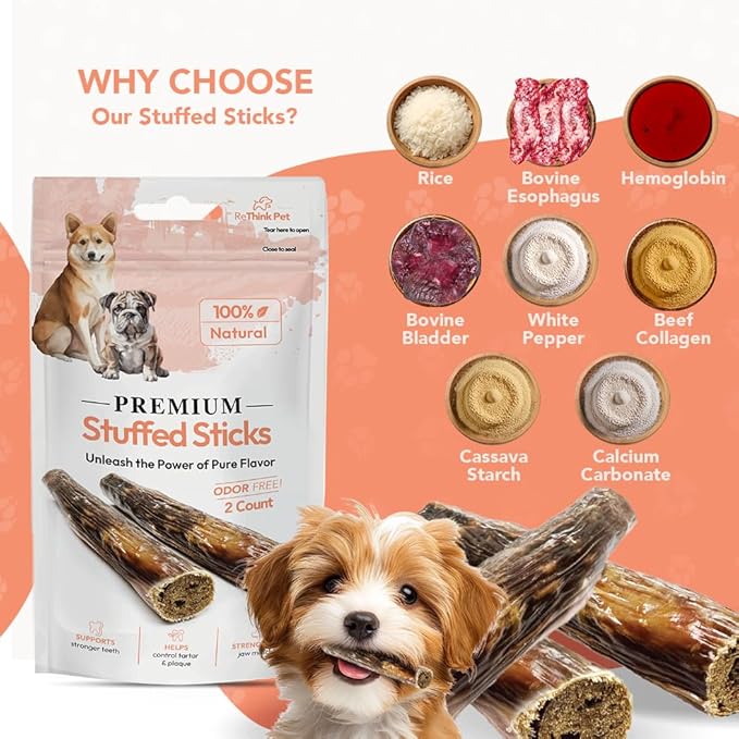 Premium Stuffed Sticks for Dogs – Long-Lasting Beef Dog Chews, Odor-Free, All Natural & Healthy High Protein Reward Treats, Great Tasting Dog Treat Chews (8 Sticks, 4 Pack)