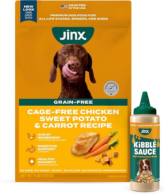 Jinx Premium Dog Food Bundle - 4lb Grain-Free Chicken & Sweet Potato Dry Dog Food with 12 Oz Chicken Bone Broth Kibble Sauce