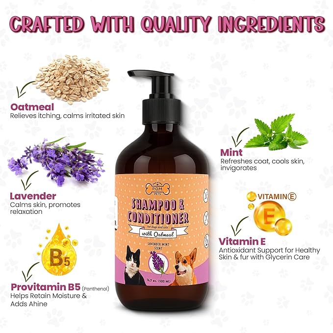 POM Pets 2-in-1 Organic Dog Shampoo & Conditioner – Itchy Skin Relief, Dog Deshedding, Detangles Fur, Cat Shampoo, Paw Cleaner for Dogs, Natural Coat Defense Formula