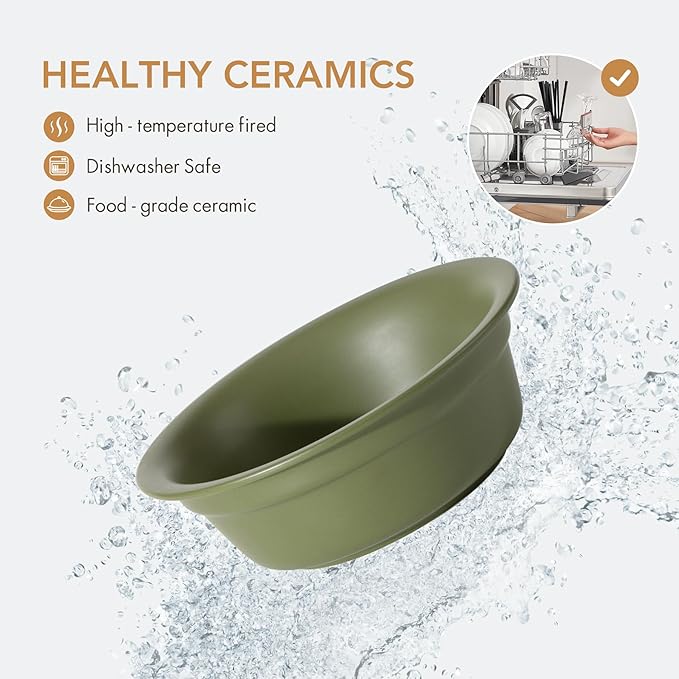 Ceramic 8.7-inch Raised Double-Bowl Set with Non-Slip Stand, Food & Water Dishes for Large Dogs, Wide Opening with Rounded Edges(Olive Green)