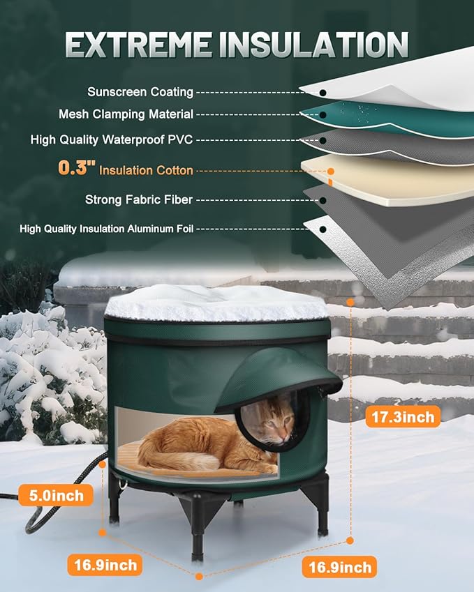 Heated Cat House for Outside,Metal Frame,Barrel Design,Extremely Weatherproof & Insulated in Winter,Elevated Outdoor Cat Shelter with Eaves & Escape Door for Feral Stray Barn Cat(Dark Grey,Large)