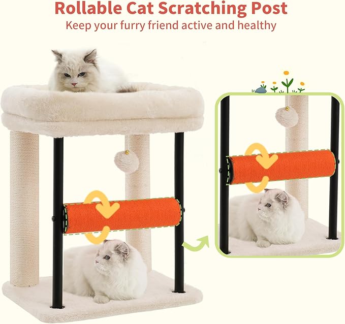 Hey-brother Cat Tree, Cat Scratching Posts with Bed, Sturdy Tower with Fully Sisal-Wrapped Columns and Plush Toy Ball for Indoor Kittens, 18.9 inches, Beige MPJ010SM